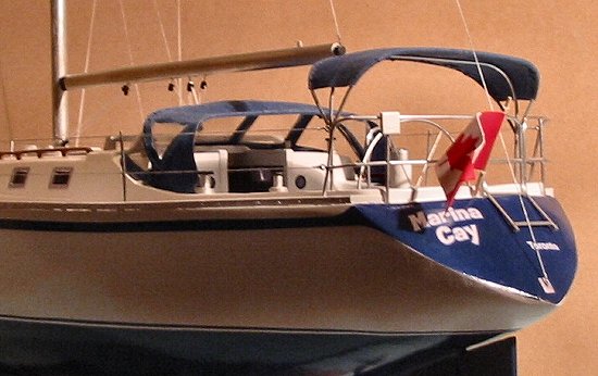 Scale CS 36T model view of bimini, dodger, stanchions and railings