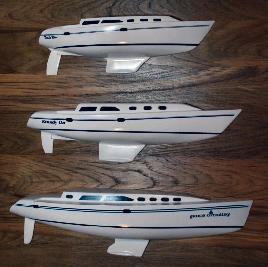 Catalina 34, 42 and 470 half-models on a single teak base.