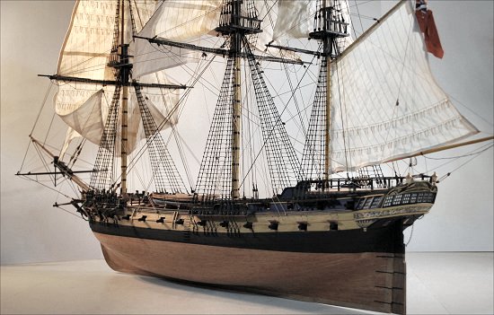 Image of model stern, rigging and sails